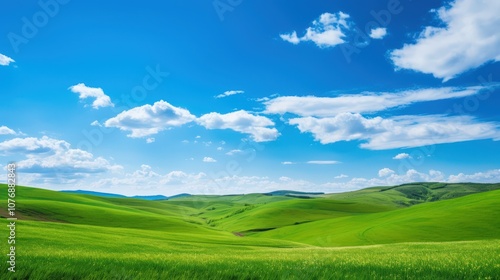 Rolling Hills Beneath a Bright Blue Sky with Puffy Clouds
