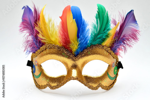 Vibrant feather mask with gold glitter for festive celebrations and carnivals photo