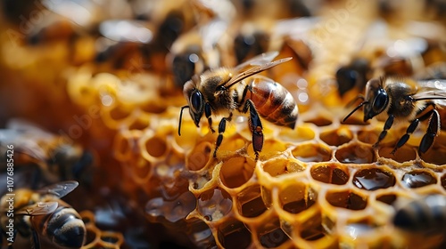 A group of bees are gathered around a honeycomb