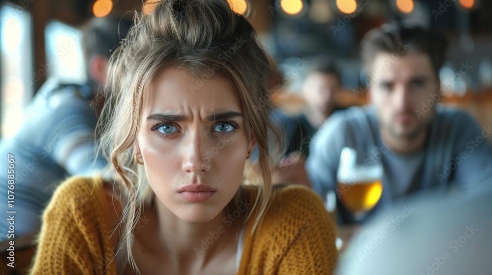 Fototapeta premium Upset young woman looking at camera while sitting in bar.