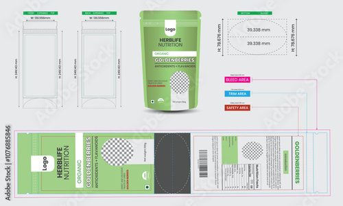 Golden berries pouch design template, pouch packaging mockup, 100% pure , food and product branding design