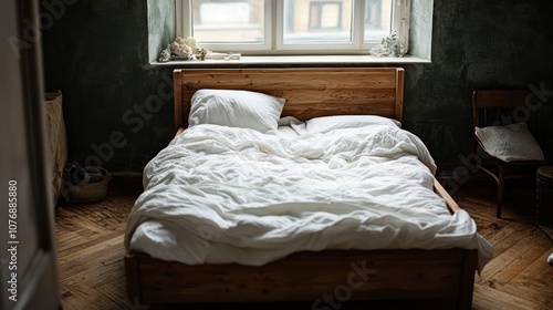 A cozy bedroom with a wooden bed and soft bedding, inviting relaxation and comfort. photo