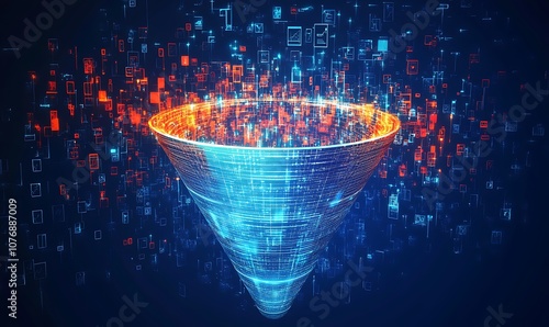 Big data technology represented by an information funnel: a large, digital funnel that collects online data that is then analyzed and transformed into useful information.