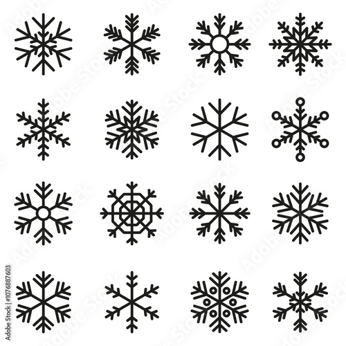 Snowflake variations icon collection. Winter symbol. Christmas sign.