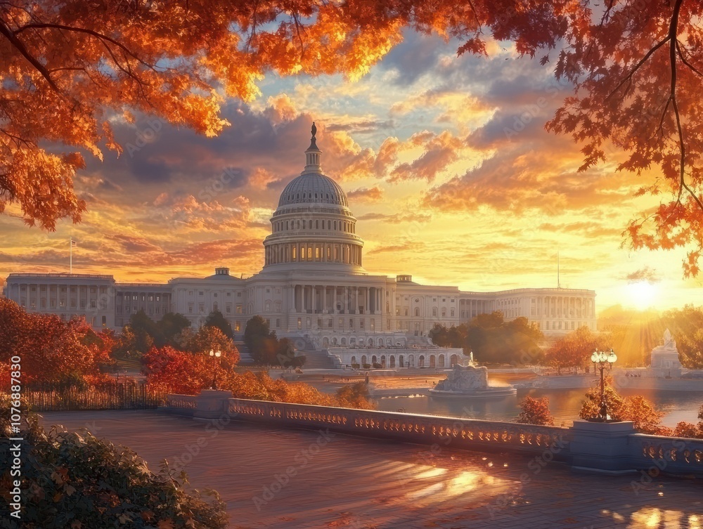 Obraz premium Capitol: United States Capitol Building in Brilliant Autumn Sunset - Washington, DC, Architecture Icon