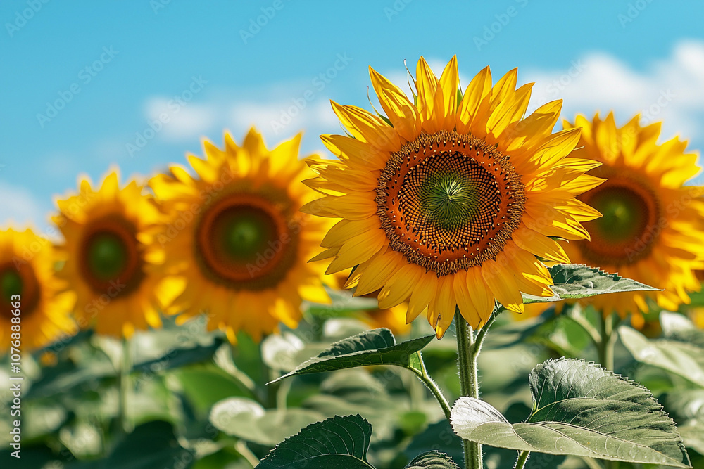 Fototapeta premium Bright sunflowers bloom in a vibrant field under a clear sky