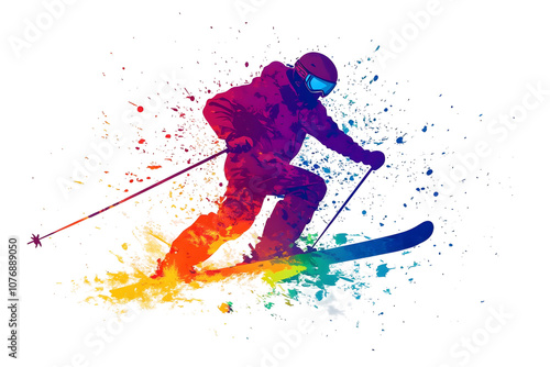 A female skiing creating a color splash isolated on a transparent background