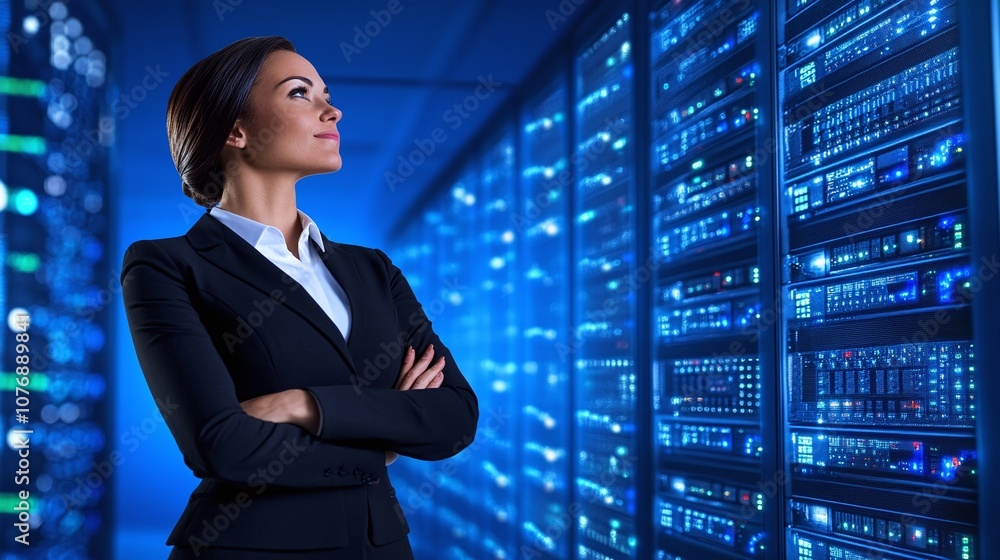 Fototapeta premium Confident Businesswoman Standing in Front of Server Racks in Data Center, Highlighting Technology and Innovation in Modern Digital World
