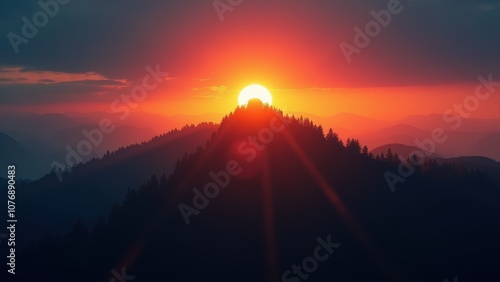 Wallpaper Mural Sunset rays over peaks for nature inspiration. A glowing sun sets behind a jagged mountain peak, casting warm rays over layered twilight hills and shadowy forests below. Torontodigital.ca
