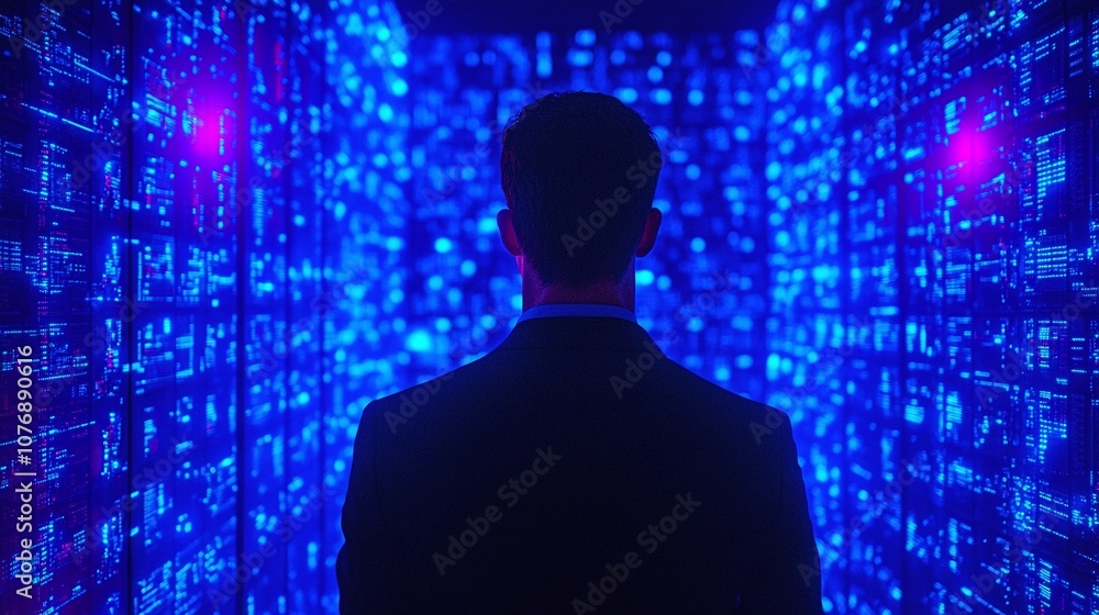 Futuristic Business Professional Standing Inside Data Center Surrounded by Blue and Purple Lights Representing High-Tech Innovation and Cybersecurity Concepts Futuristic Business Professional Standing Inside Data Center Surrounded by Blue and Purple Lights Representing High-Tech Innovation and Cybersecurity Concepts
