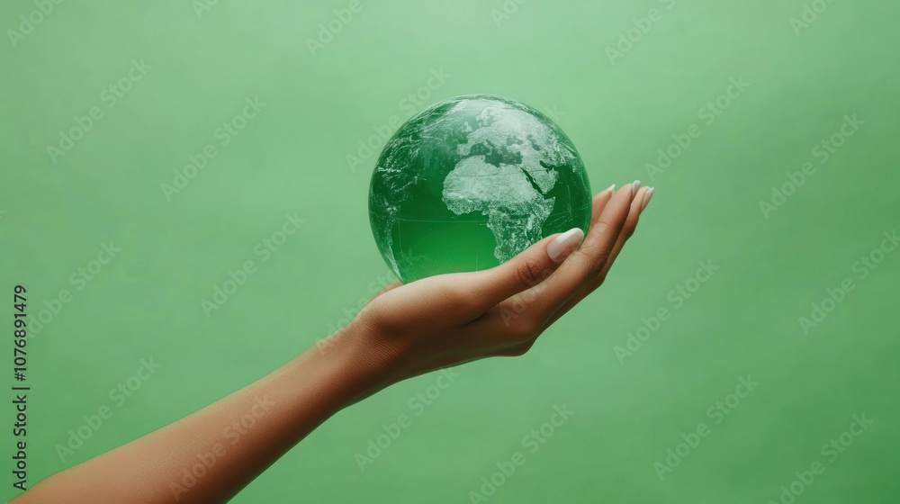 A hand holding a transparent globe symbolizing environmental care and sustainability. A hand holding a transparent globe symbolizing environmental care and sustainability.
