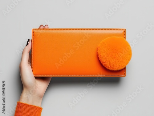 Foldover clutch in sleek leather, minimalist design, isolated on grey background with soft shadows photo