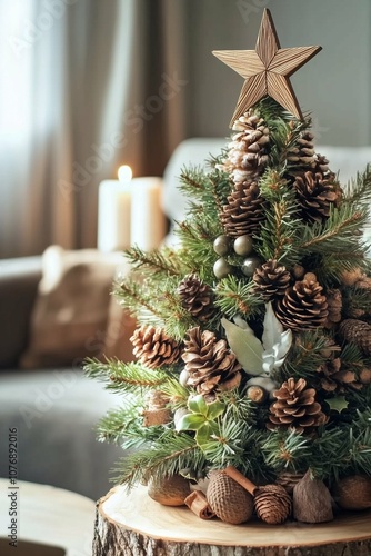 Rustic Christmas Tree Made of Pinecones and Natural Elements in Cozy Living Room Setting – Perfect Holiday Decor with Warm Lighting and Handcrafted Details