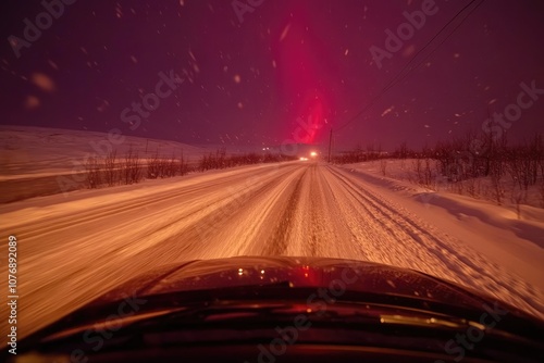 Driving through a snowy landscape under a vibrant aurora borealis