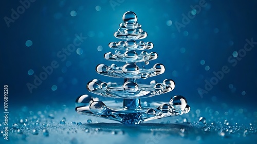 Creative tree made of water drops. Water drops arranged in the shape of a Christmas tree, blue background