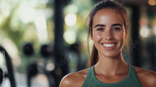 Smiling Young Woman in Sportswear with Natural Makeup, Standing in Gym Environment with Fitness Equipment in Background, Radiating Confidence and Joy Free Download Smiling Young Woman in Sportswear with Natural Makeup, Standing in Gym Environment with Fitness Equipment in Background, Radiating Confidence and Joy - GFXLoad