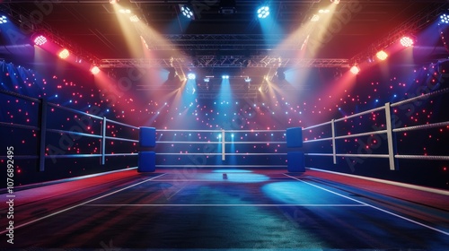Professional boxing arena in lights 3d rendering