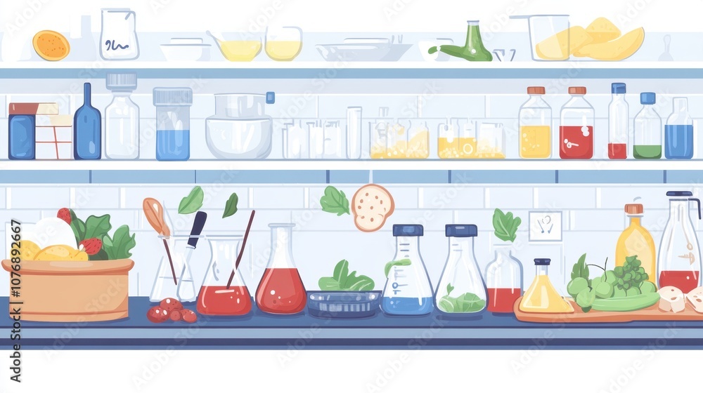 A Vibrant Kitchen Shelf Filled with Colorful Bottles, Jars, and Fresh Ingredients, Perfect for Culinary Projects and Recipe Development in a Modern Setting A Vibrant Kitchen Shelf Filled with Colorful Bottles, Jars, and Fresh Ingredients, Perfect for Culinary Projects and Recipe Development in a Modern Setting