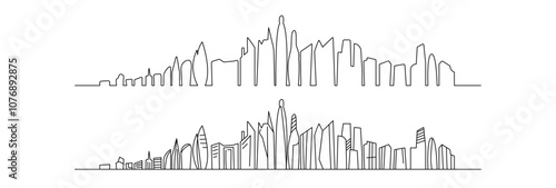 One line city. Skyscraper buildings, linear town cityscape and modern downtown or business district vector illustration set