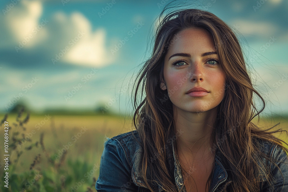 Young woman enjoys a serene moment in a field during sunset Young woman enjoys a serene moment in a field during sunset
