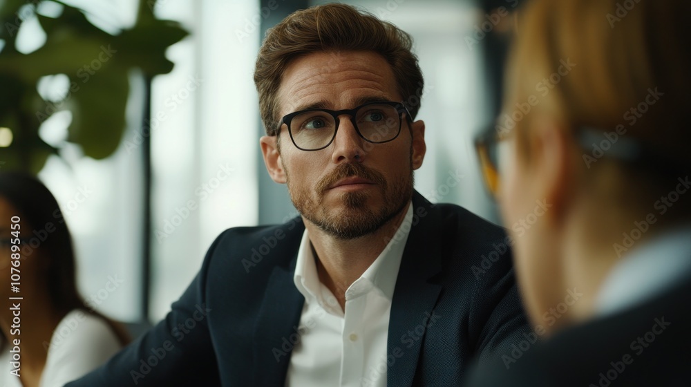 Fototapeta premium A focused businessman engages in a meeting, showing concentration and interest.