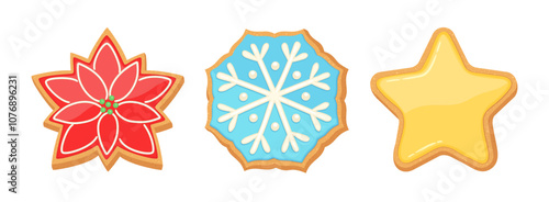 Christmas gingerbread cookies stars. Xmas shortbread sugar cookies with frosting. Gingerbread poinsettia, snowflake, star shapes. Cute cartoon vector illustration homemade bakery.