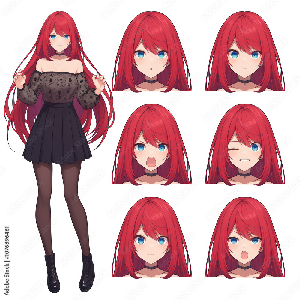 Attractive red hair anime girl vtuber model wearing skirt and black nylon socks with different expressions on white background Attractive red hair anime girl vtuber model wearing skirt and black nylon socks with different expressions on white background
