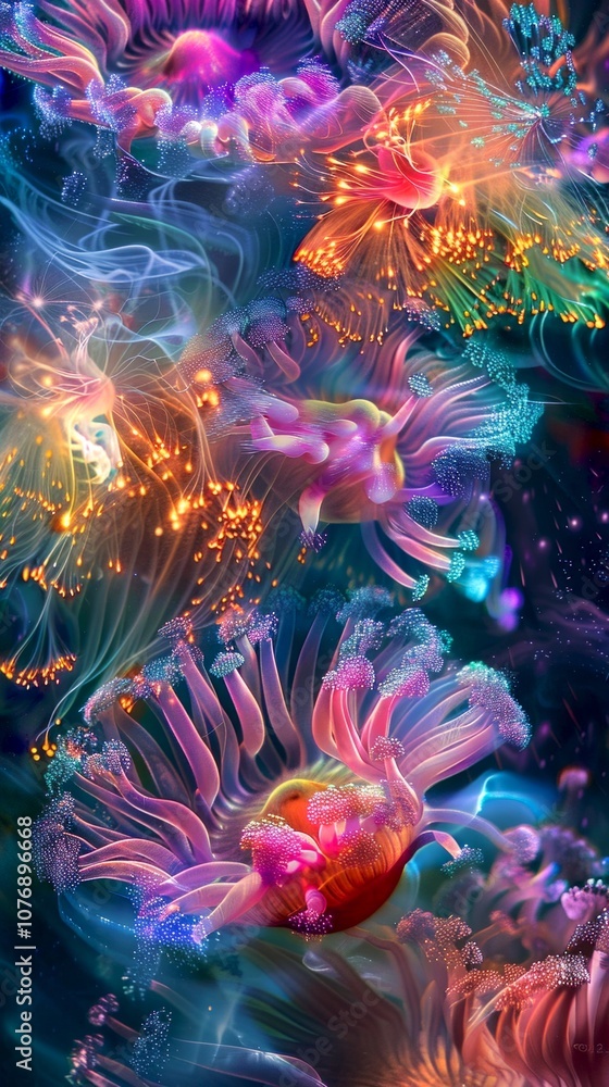A vibrant underwater scene filled with colorful jellyfish. The fluid movement and glowing elements create a mesmerizing visual. Ideal for nature lovers and art enthusiasts. AI A vibrant underwater scene filled with colorful jellyfish. The fluid movement and glowing elements create a mesmerizing visual. Ideal for nature lovers and art enthusiasts. AI