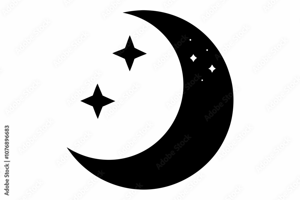 Crescent moon with stars vector icon, silhouette of moon with sparkle vector illustration
Crescent moon with stars vector icon, silhouette of moon with sparkle vector illustration