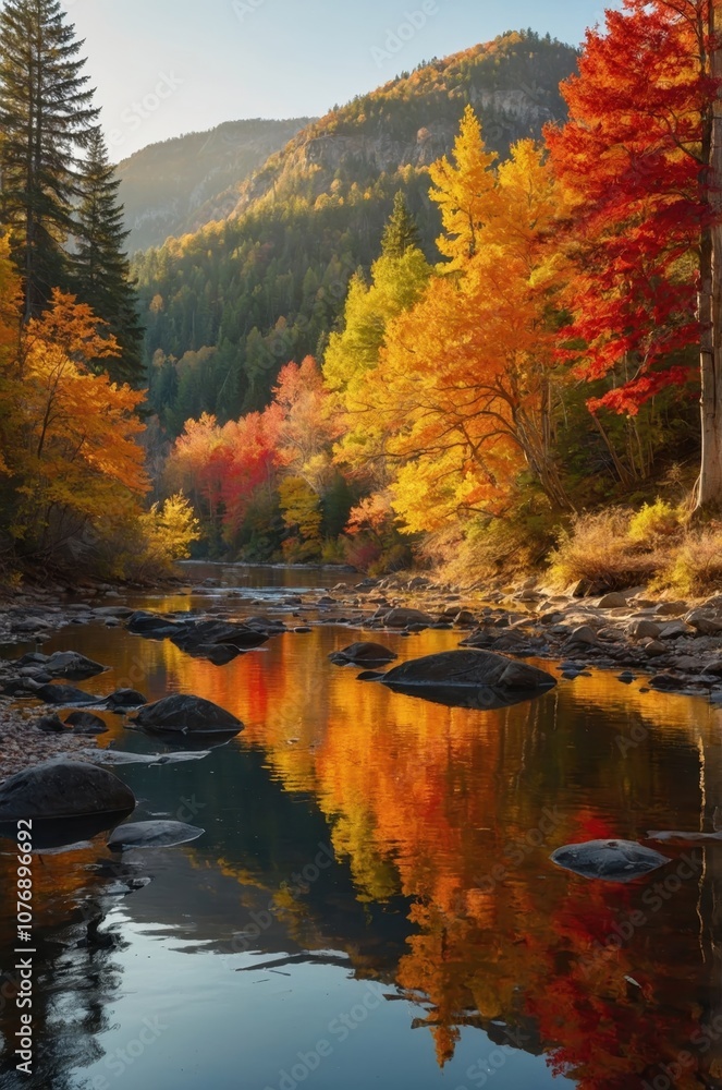 Fototapeta premium A serene river flowing through autumn trees in the mountains, with vibrant fall colors reflecting on the water, surrounded by majestic peaks and peaceful nature