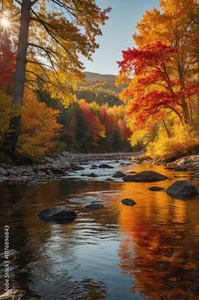 Obraz premium A serene river flowing through autumn trees in the mountains, with vibrant fall colors reflecting on the water, surrounded by majestic peaks and peaceful nature