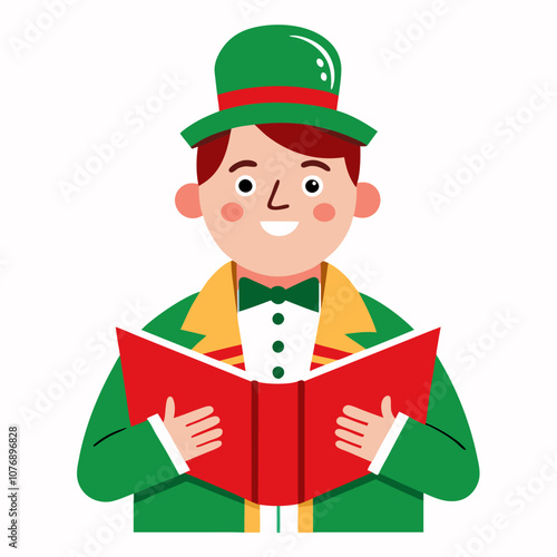 Christmas Caroler Illustration - Cute Singer Holding Book.