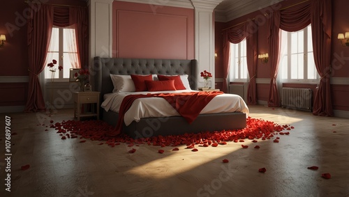 Interior of a valentine room with a bed, red rose bouquets and red petals on the floor