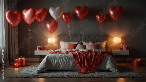 Interior of bedroom decorated for Valentine's Day with balloons, gifts and glowing lamps