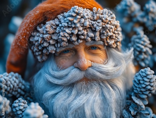 A man with a white beard and a red hat with snow on his head photo