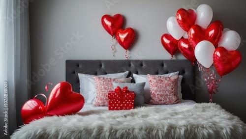 Interior of bedroom decorated for Valentine's Day with heart-shaped balloons and gifts