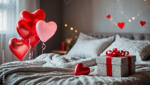 Interior of bedroom decorated for Valentine's Day with heart-shaped balloons and gifts