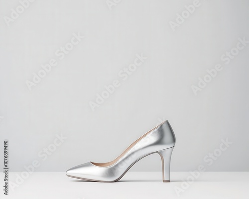 Chunky block heels in metallic silver, bold and modern, isolated on a light grey background photo