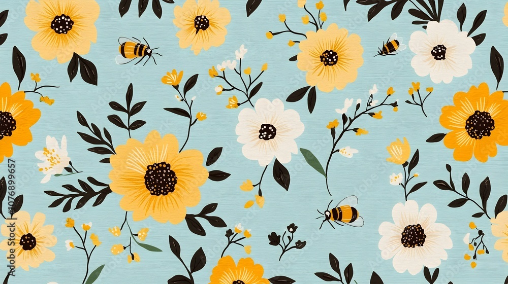 Obraz premium Vibrant 3D Seamless Sunflower and Bee Floral Pattern for Nature Inspired Design