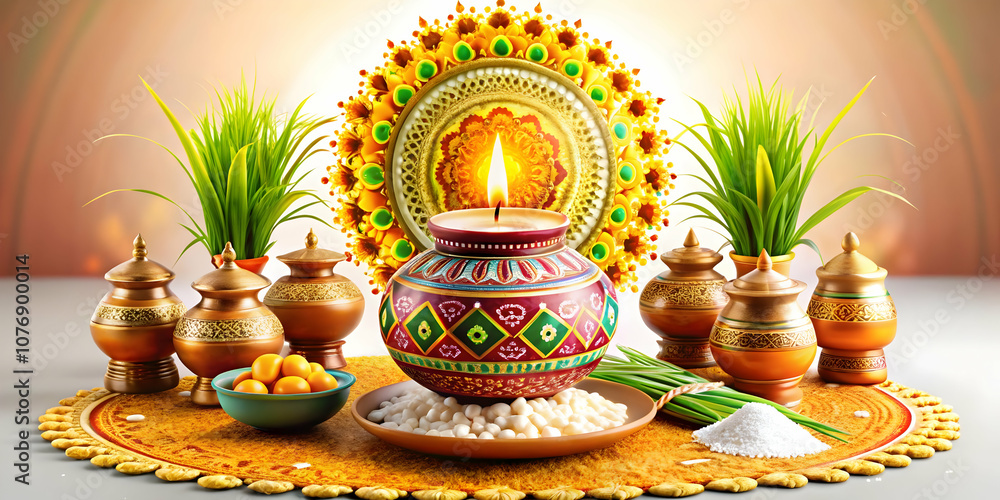 Fototapeta premium Pongal Cultural Symbols Vector Illustration - Traditional Kolam, Lamps, Rice, Sugarcane - Cultural Heritage and Festivity Infographics Design for Stock Photography