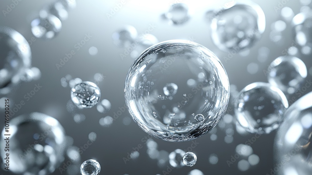 Abstract background of transparent water bubbles floating in the air, creating a sense of lightness and purity.