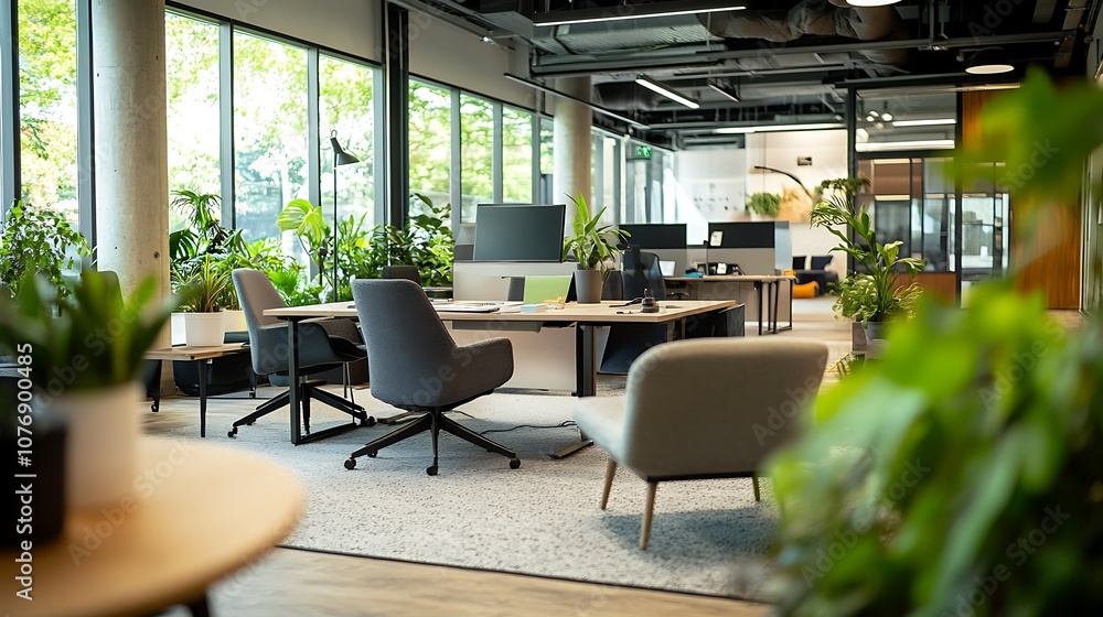 Modern open-plan office with large windows, plants, and comfortable furniture. Modern open-plan office with large windows, plants, and comfortable furniture.