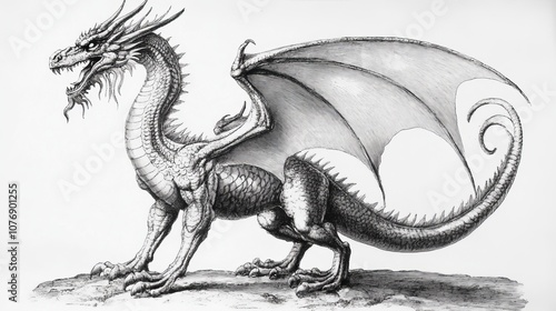 Athanasius Kircher Dragon Drawing - Vintage Black and White Illustration Art Print photo