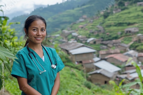 Female doctor in remote village: woman physician offering vital medical care in rural, underserved area, focusing on healthcare access, limited resources, compassion, strength local communities need. photo