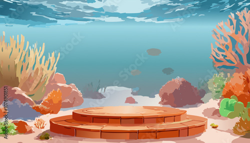 Underwater scene with stone podium and corals. Vector illustration for products display.