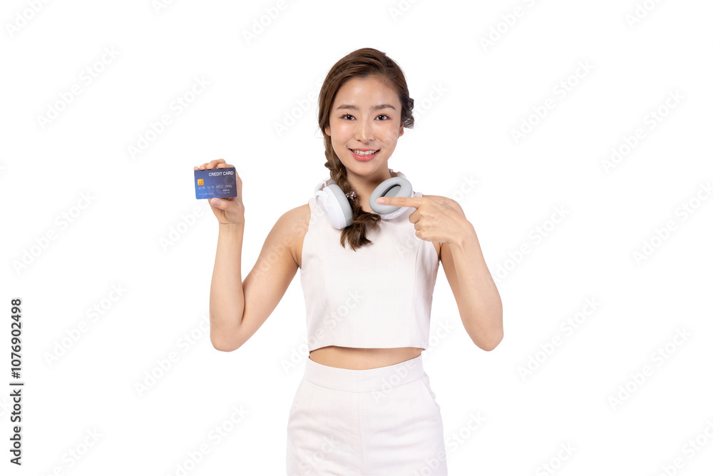 Smiling woman with headphones and a credit card, showcasing modern lifestyle and technology. Smiling woman with headphones and a credit card, showcasing modern lifestyle and technology.