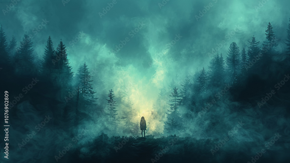 A solitary figure in a misty forest at twilight, lost in thought and nature\'s embrace A solitary figure in a misty forest at twilight, lost in thought and nature\'s embrace