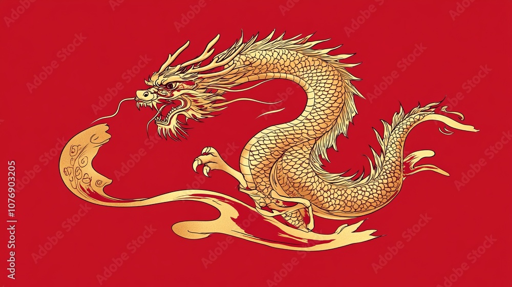 Obraz premium Japanese Red and Gold Dragon Tattoo - Vector Illustration for Chinese New Year T-Shirt Design