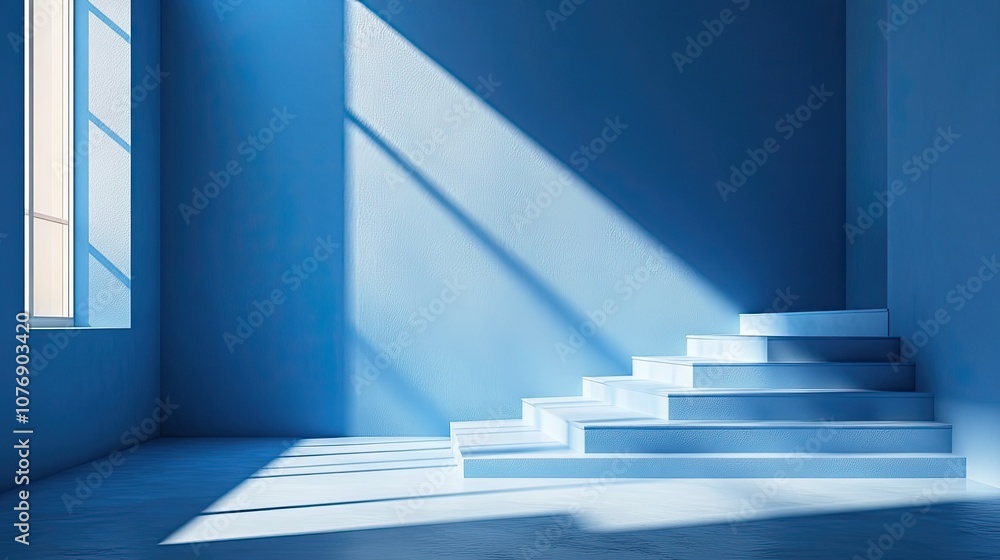 Minimalist blue room interior with a white platform and sunlight streaming through the window. Minimalist blue room interior with a white platform and sunlight streaming through the window.