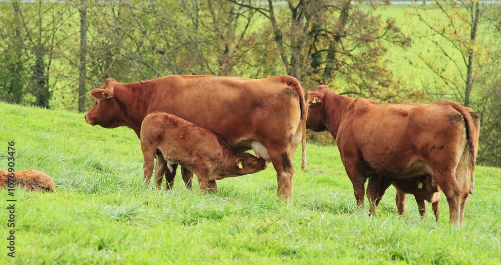 Swiss Limousine brown calves suckling on mother's udders on a green pasture. Close up shot, real time, no people